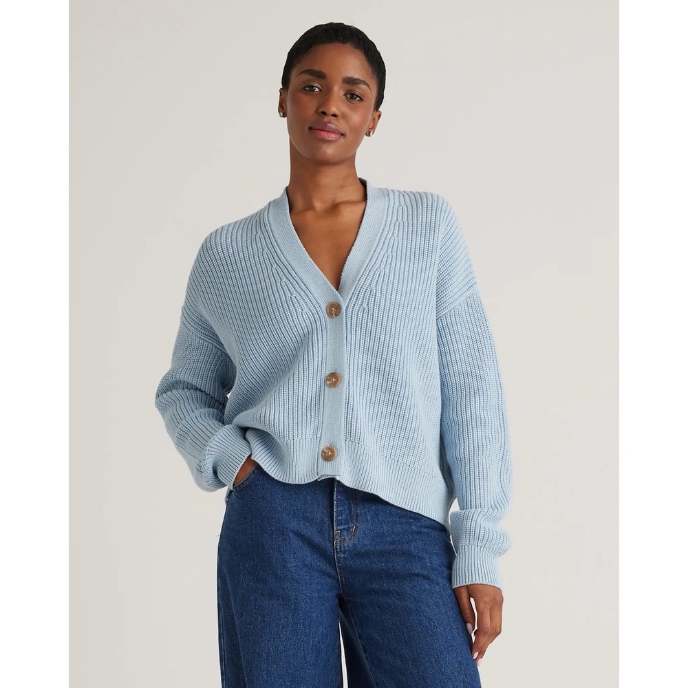 Quince 100% Organic Cotton Fisherman Boxy Cropped Cardigan Sky Blue Cottagecore